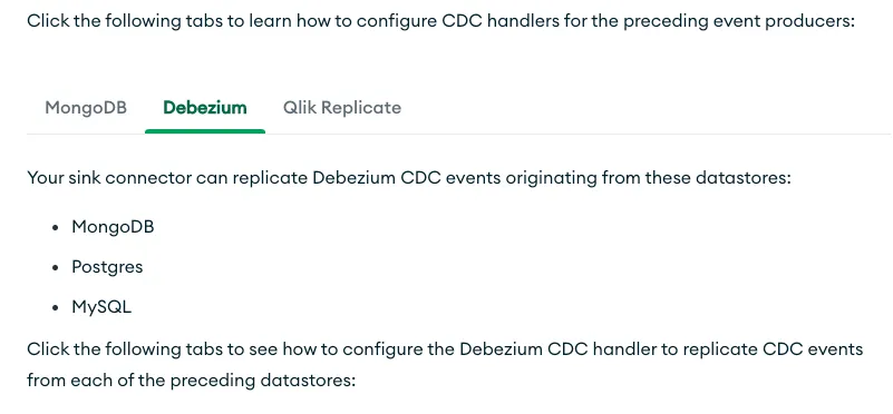 Debezium CDC Handler가 지원하는 DBMS
