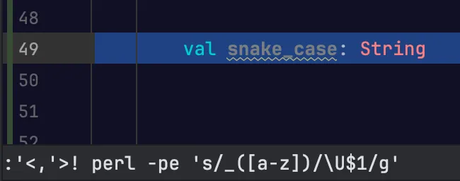 snake_case를 camelCase로 변환하기 위해 명령을 입력하는 장면