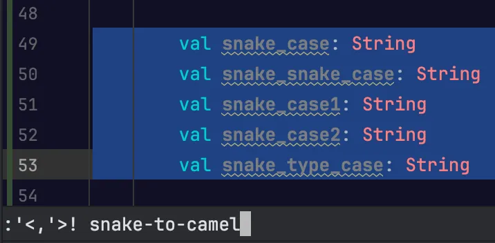 여러 snake_case 문자열을 선택하고 명령어를 입력하는 장면