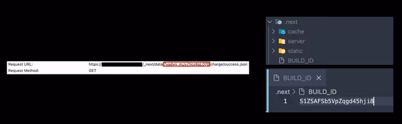 (좌)페이지 이동 시 네트워크 요청 URL (우).next 디렉토리와 BUILD_ID 파일