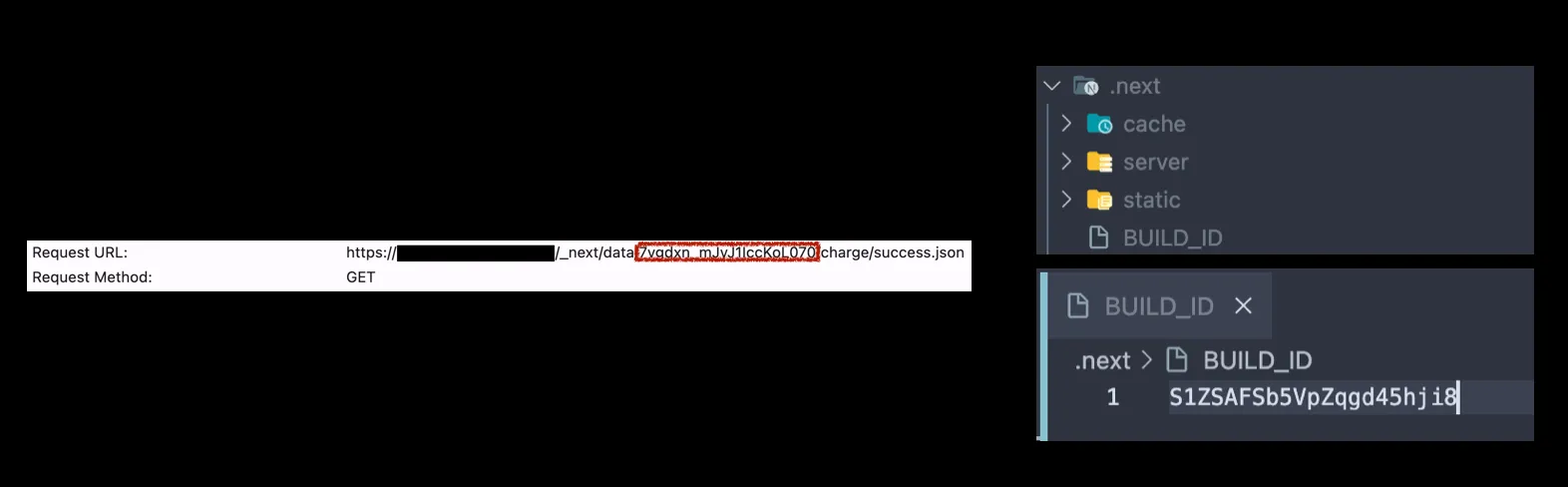 (좌)페이지 이동 시 네트워크 요청 URL (우).next 디렉토리와 BUILD_ID 파일