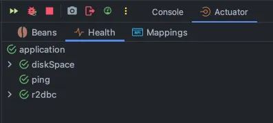 R2DBC의 상태를 보여주는 HealthCheck 탭